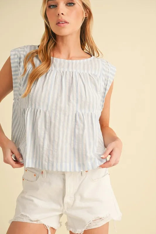 Aemi+Co Ruched Striped Round Neck Sleeveless Top