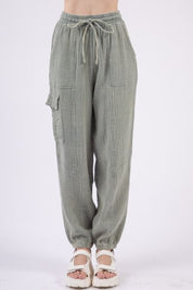 VERY J Washed Woven Crinkle Gauze Drawstring Pants Sage