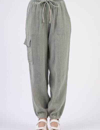 VERY J Washed Woven Crinkle Gauze Drawstring Pants Sage