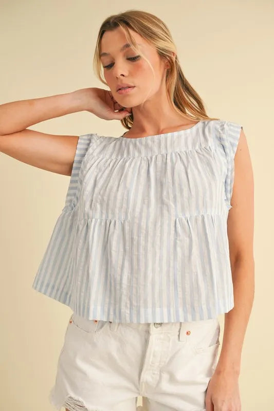 Aemi+Co Ruched Striped Round Neck Sleeveless Top SKY
