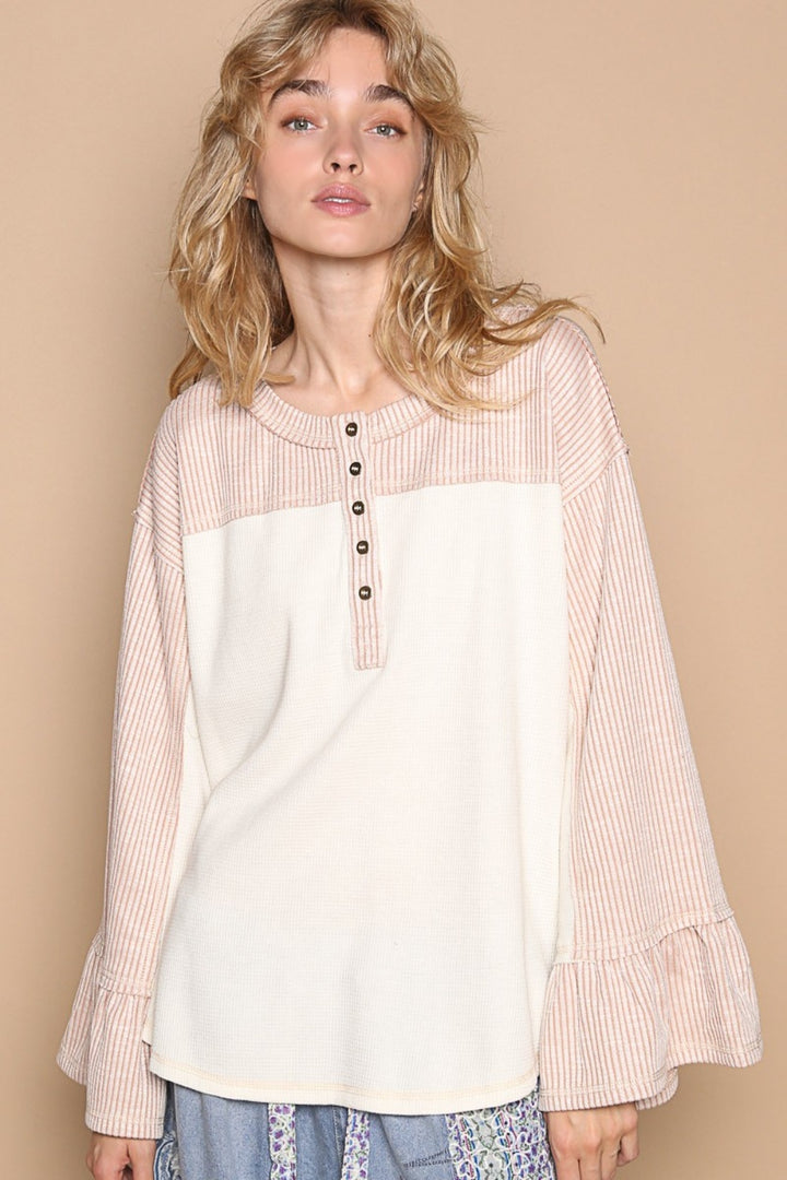 POL Striped Flounce Sleeve Exposed Seam Top Cream Pink M