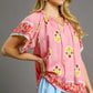 Umgee Boho Bloom Border Top: pink floral blouse with embroidery and tassels