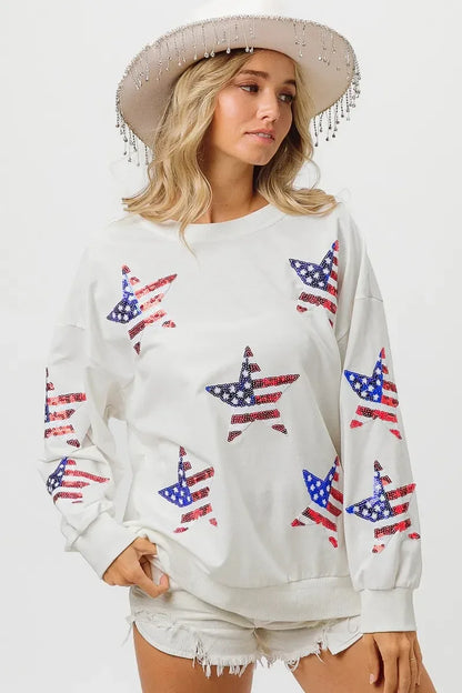 BiBi American Flag Sequin Star Sweatshirt - DAVERRI FASHIONS