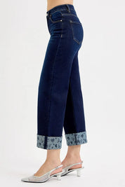 RISEN Full Size Mid Rise Fit Crop Wide With Printed Cuff Jeans | Jeans Daverri Fashions