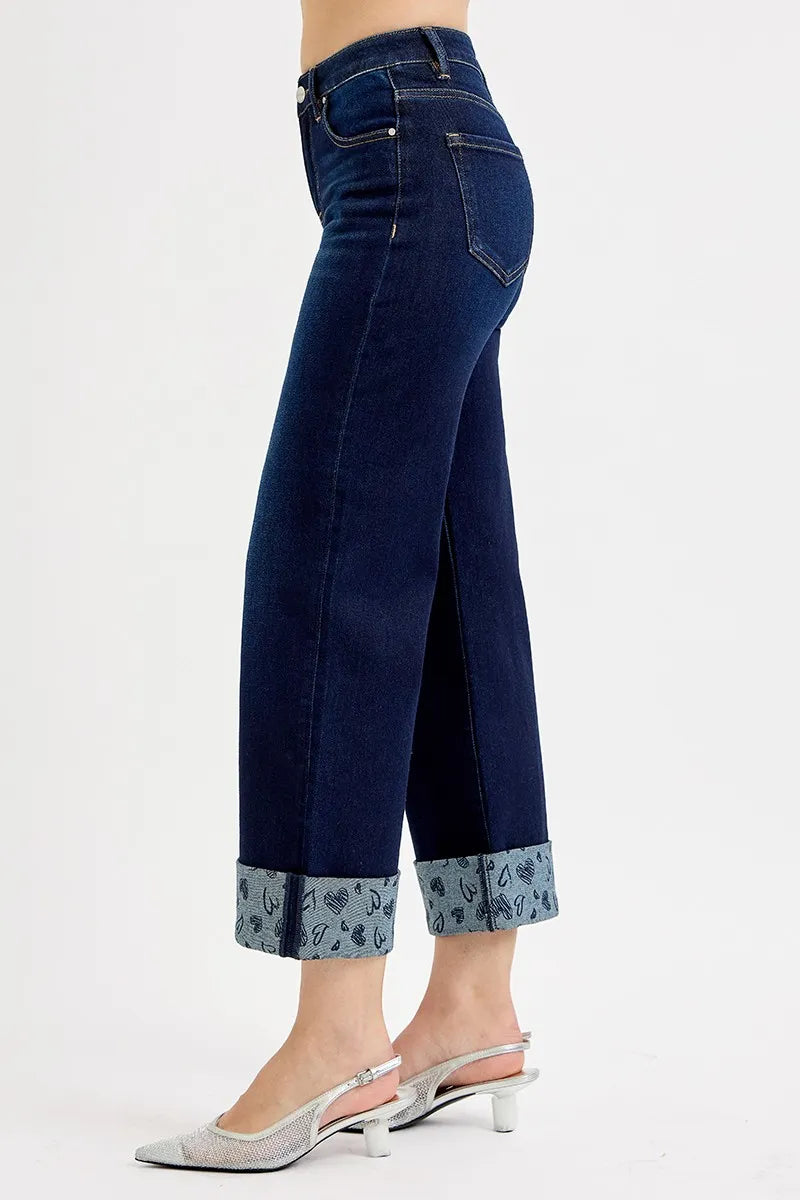 RISEN Full Size Mid Rise Fit Crop Wide With Printed Cuff Jeans Jeans