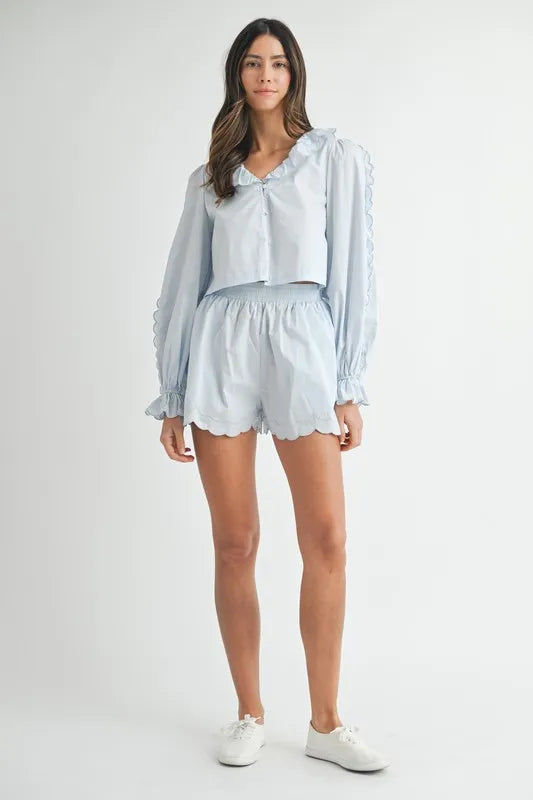 MABLE Long Sleeve Scallop Blouse and Shorts Set Outfit Sets