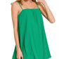 Zenana woven airflow mini bubble dress in solid green, sleeveless with spaghetti straps