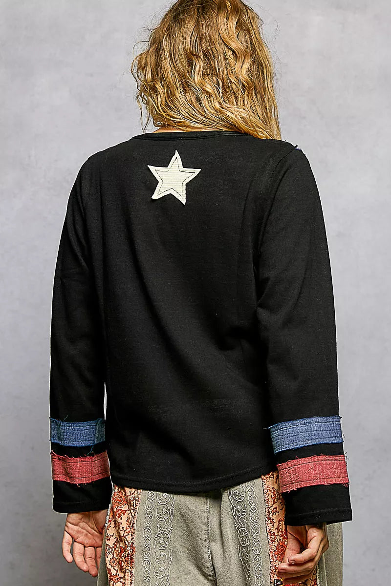 POL Double Gauze V-Neck Long Sleeve T-Shirt with white star patch and striped cuffs