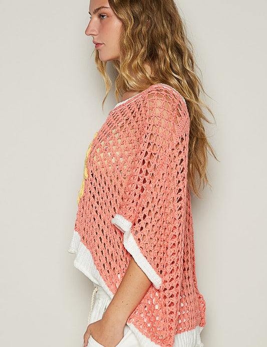 POL Hollow Out Flower Half Sleeve Knit Cover Up