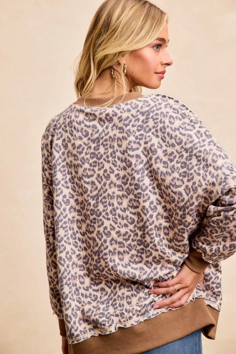 Cozy BiBi Leopard Printed French Terry Sweatshirt in beige gray