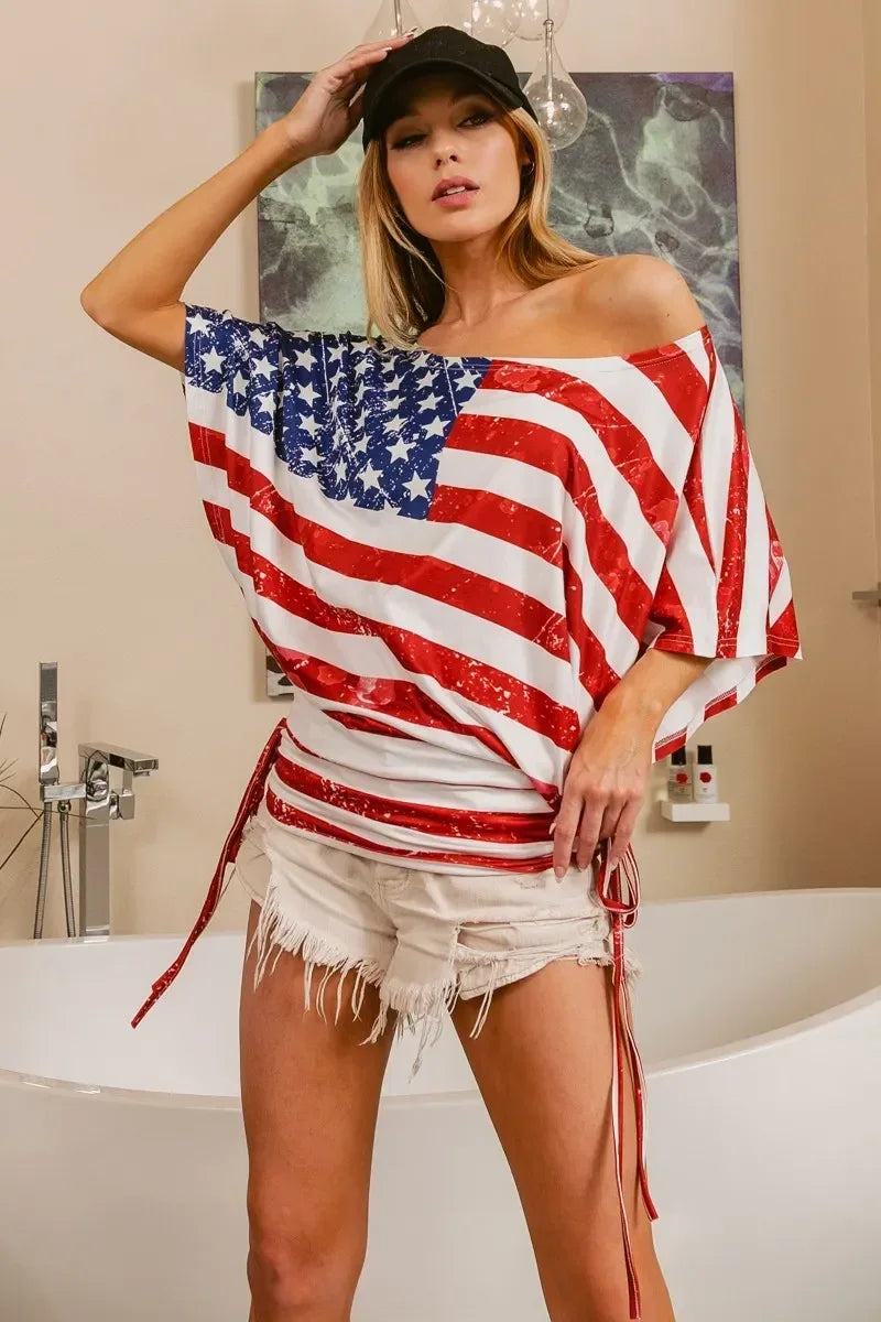 BiBi American Flag Printed Side Ruched Details Knit Top - DAVERRI FASHIONS