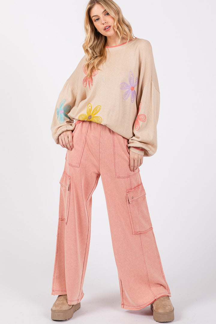 SAGE + FIG Knit Terry Mineral Wash Wide Leg Pants Rose Pants