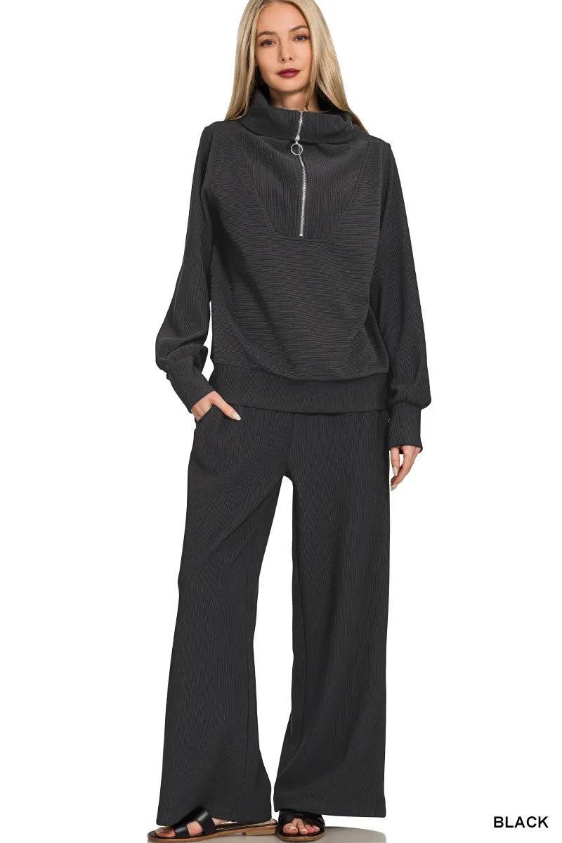 BLACK Zenana Ribbed High Neck Half Zip Pullover & Pants Set | Loungewear Sets Daverri Fashions