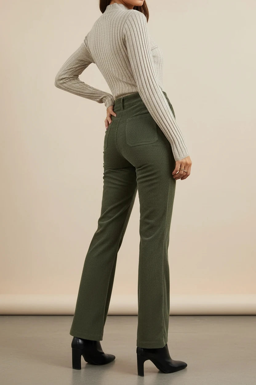 Women’s olive green corduroy high-rise flare pants with square pockets