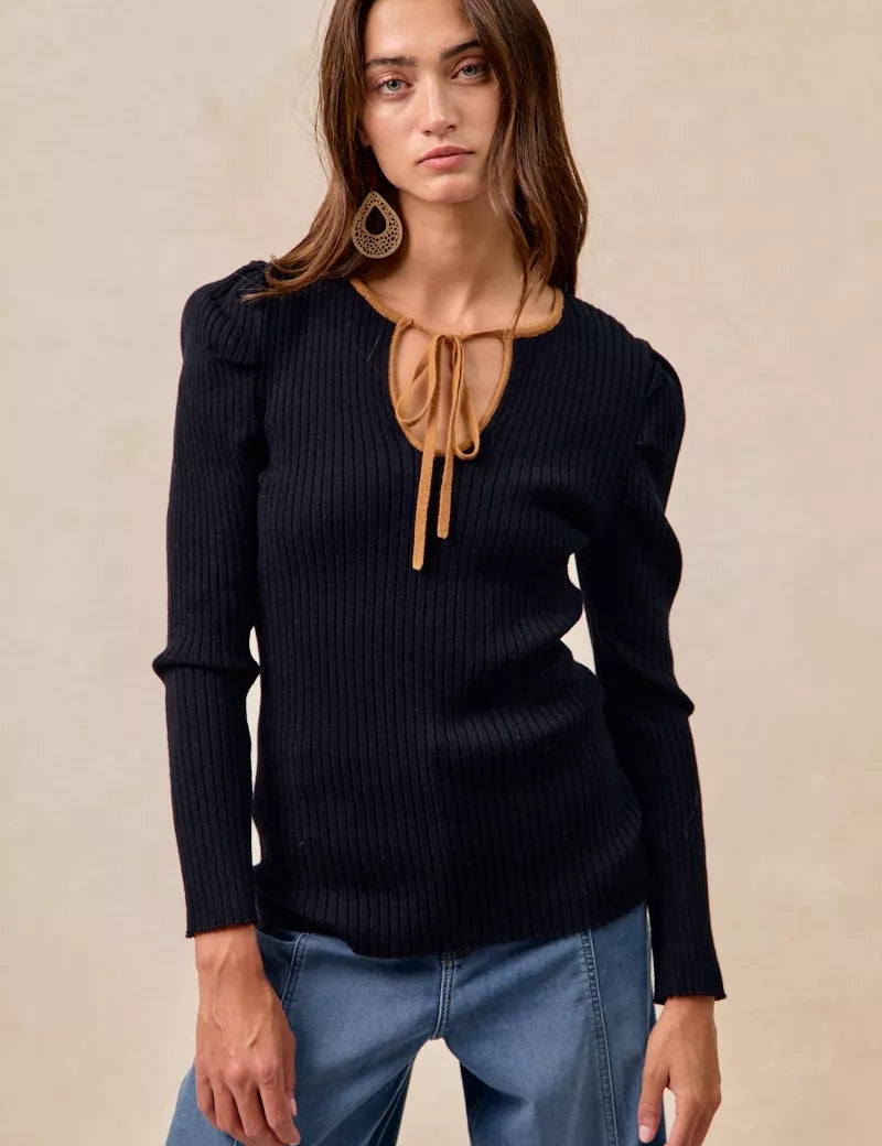 BLACK CAMEL BiBi Ribbed Contrast Front Tied Shirred Fabric Top | Tops Daverri Fashions