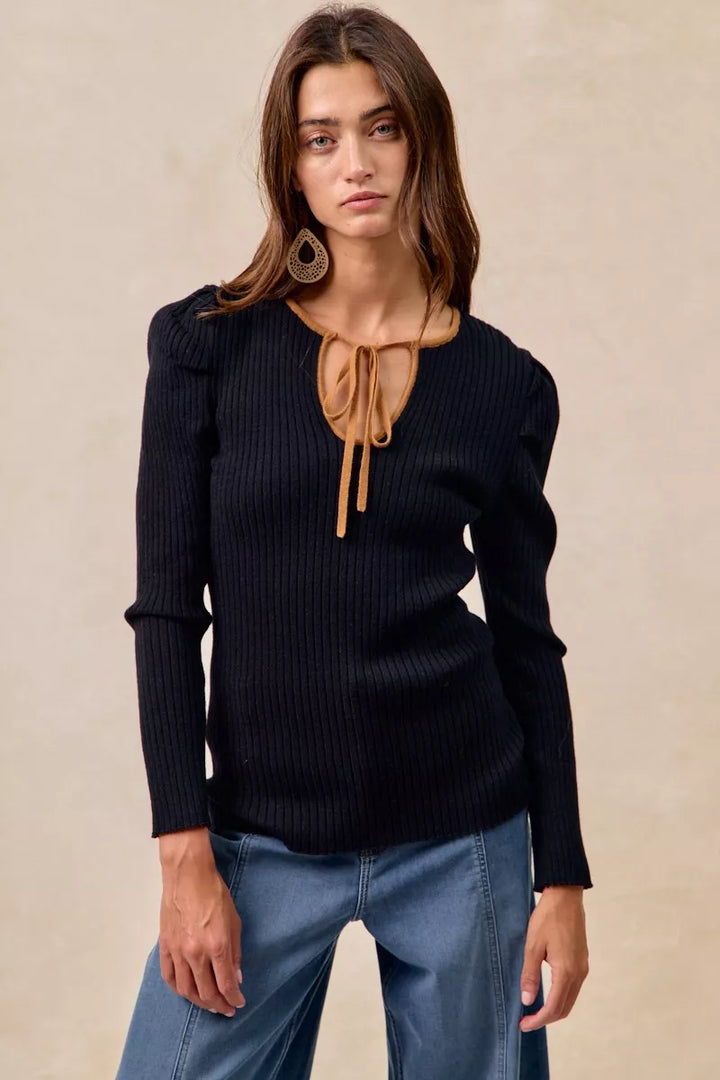 BLACK CAMEL BiBi Ribbed Contrast Front Tied Shirred Fabric Top | Tops Daverri Fashions