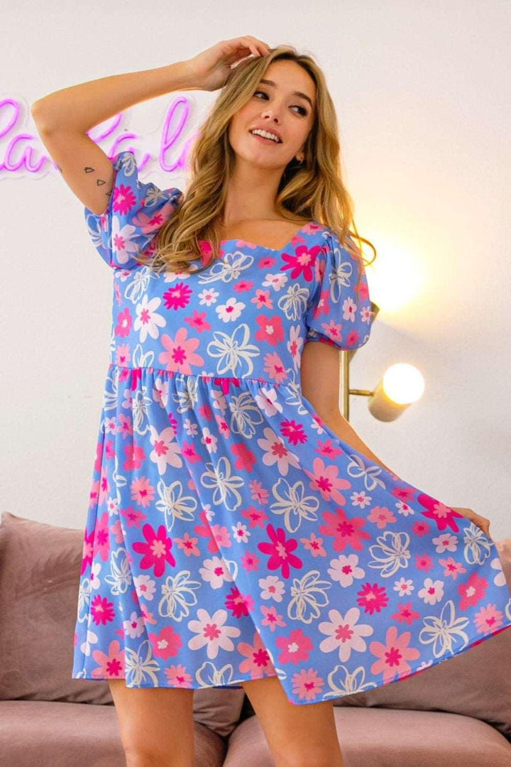 BiBi Floral Puff Sleeve Mini Dress Blue Pink Mini Dresses