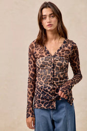 BiBi Leopard Printed Mesh Shirt With Button Up V Neck | Shirts Daverri Fashions