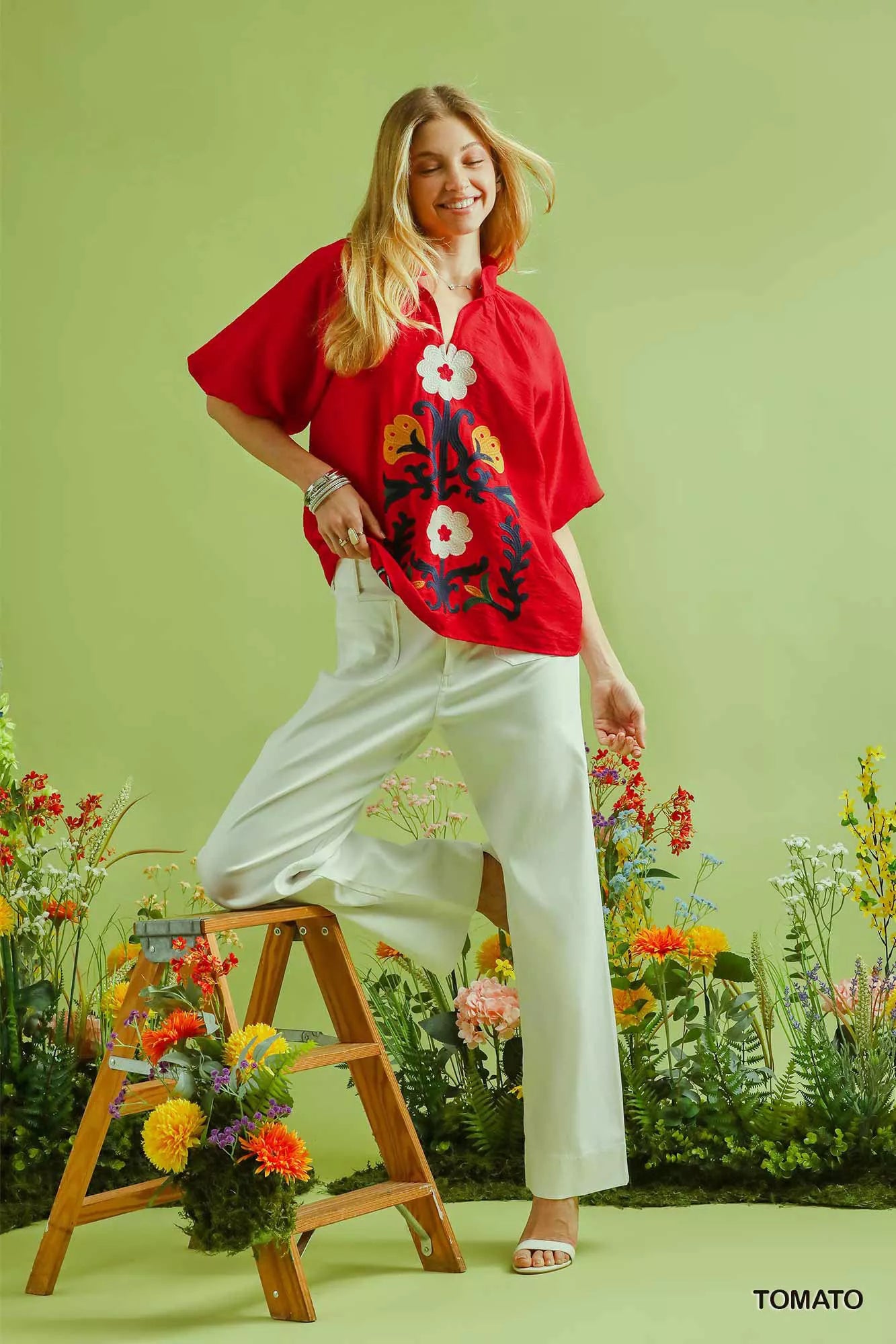 Red Umgee embroidered boho blouse with floral puff sleeves