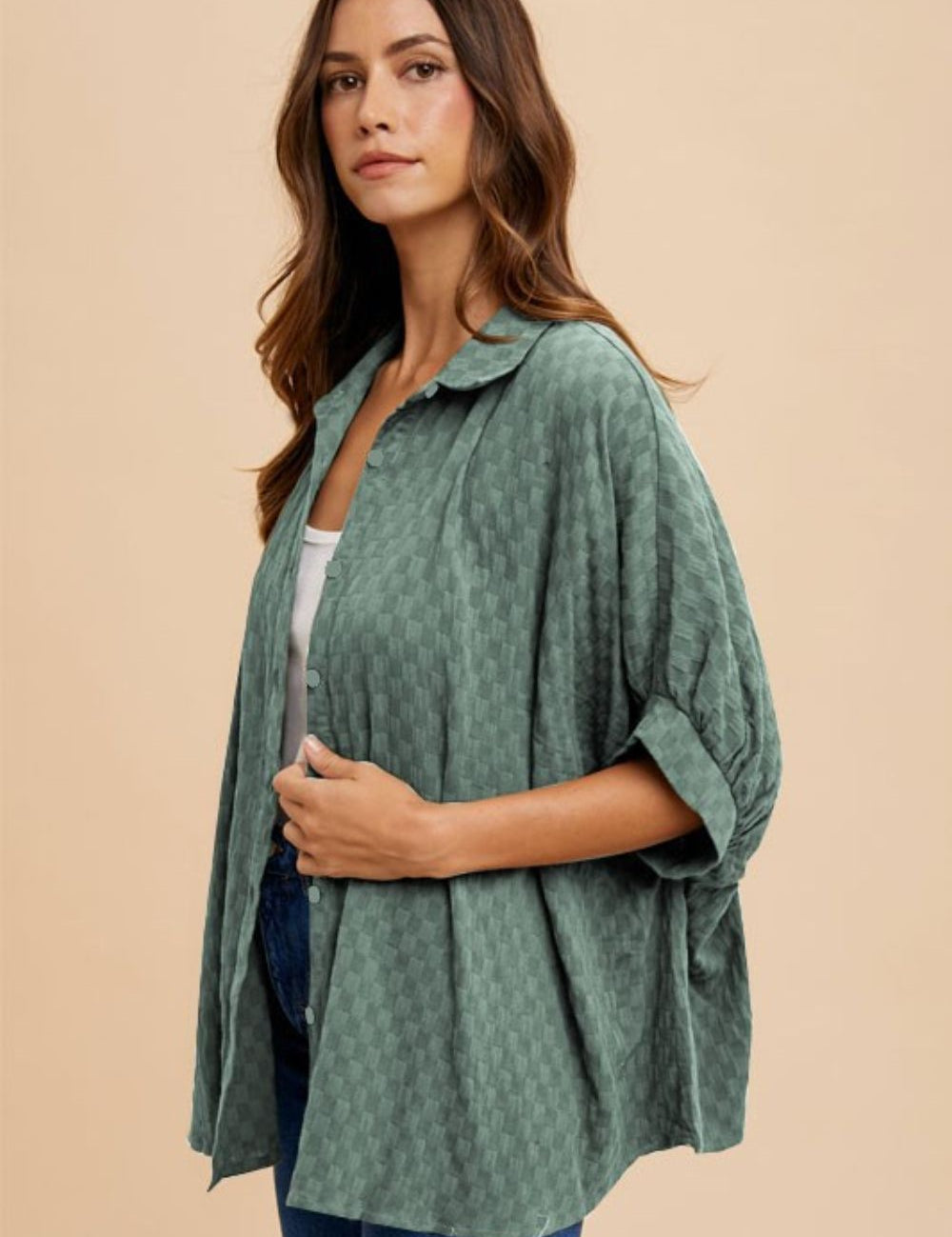 Annie Wear Checkered Button Up Half Sleeve Shirt Dark Sage Tops