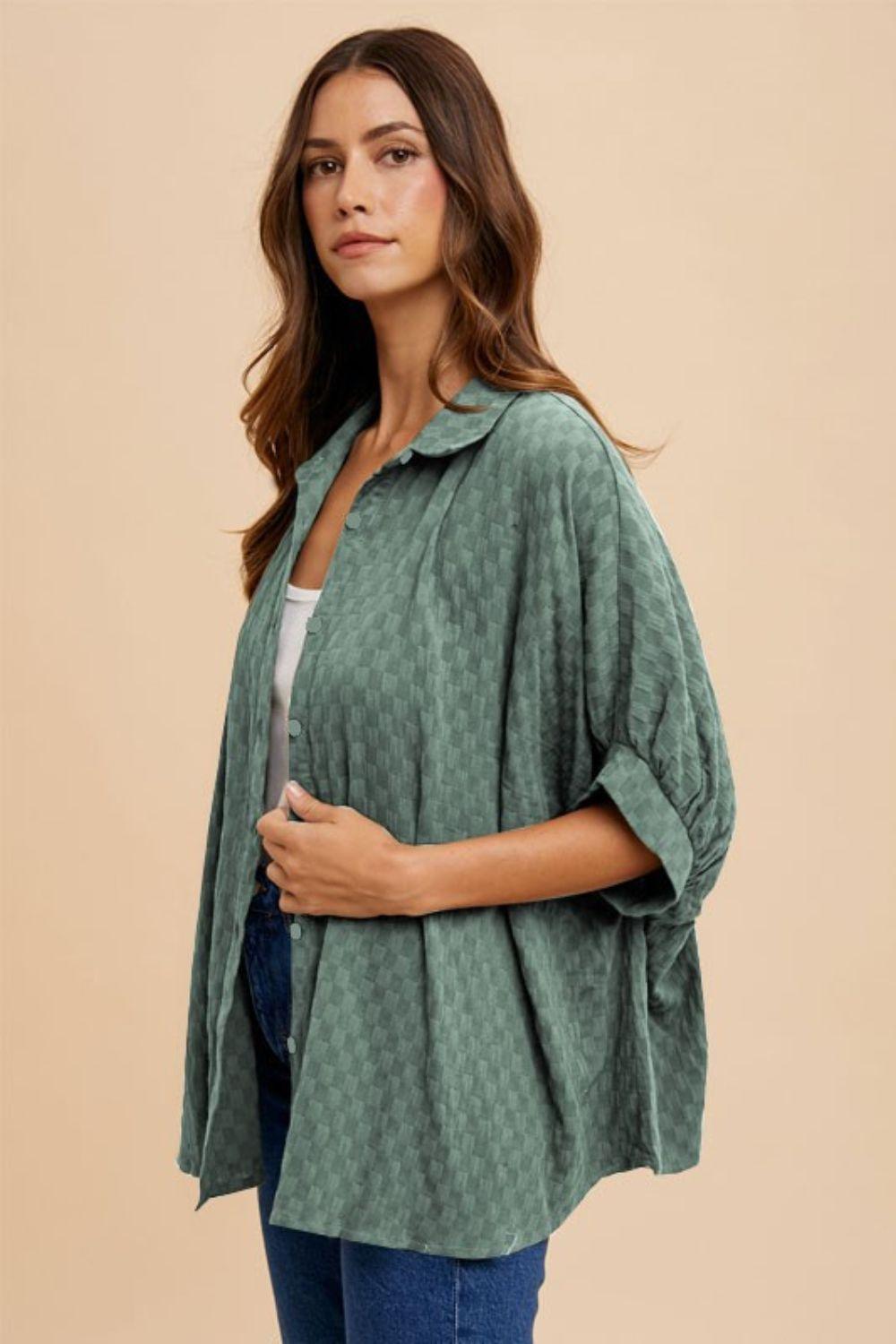 Annie Wear Checkered Button Up Half Sleeve Shirt Dark Sage M Shirts