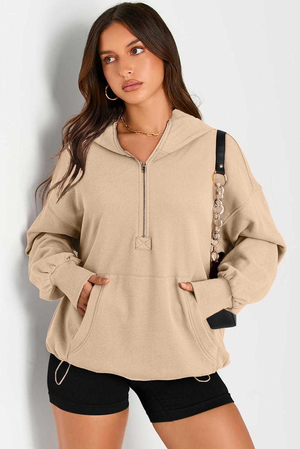 Pocketed Half Zip Long Sleeve Hoodie Tops