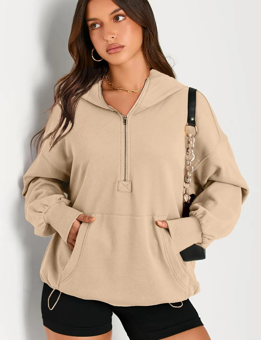 Pocketed Half Zip Long Sleeve Hoodie | Hoodies Daverri Fashions