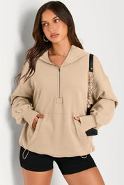 Pocketed Half Zip Long Sleeve Hoodie | Hoodies Daverri Fashions