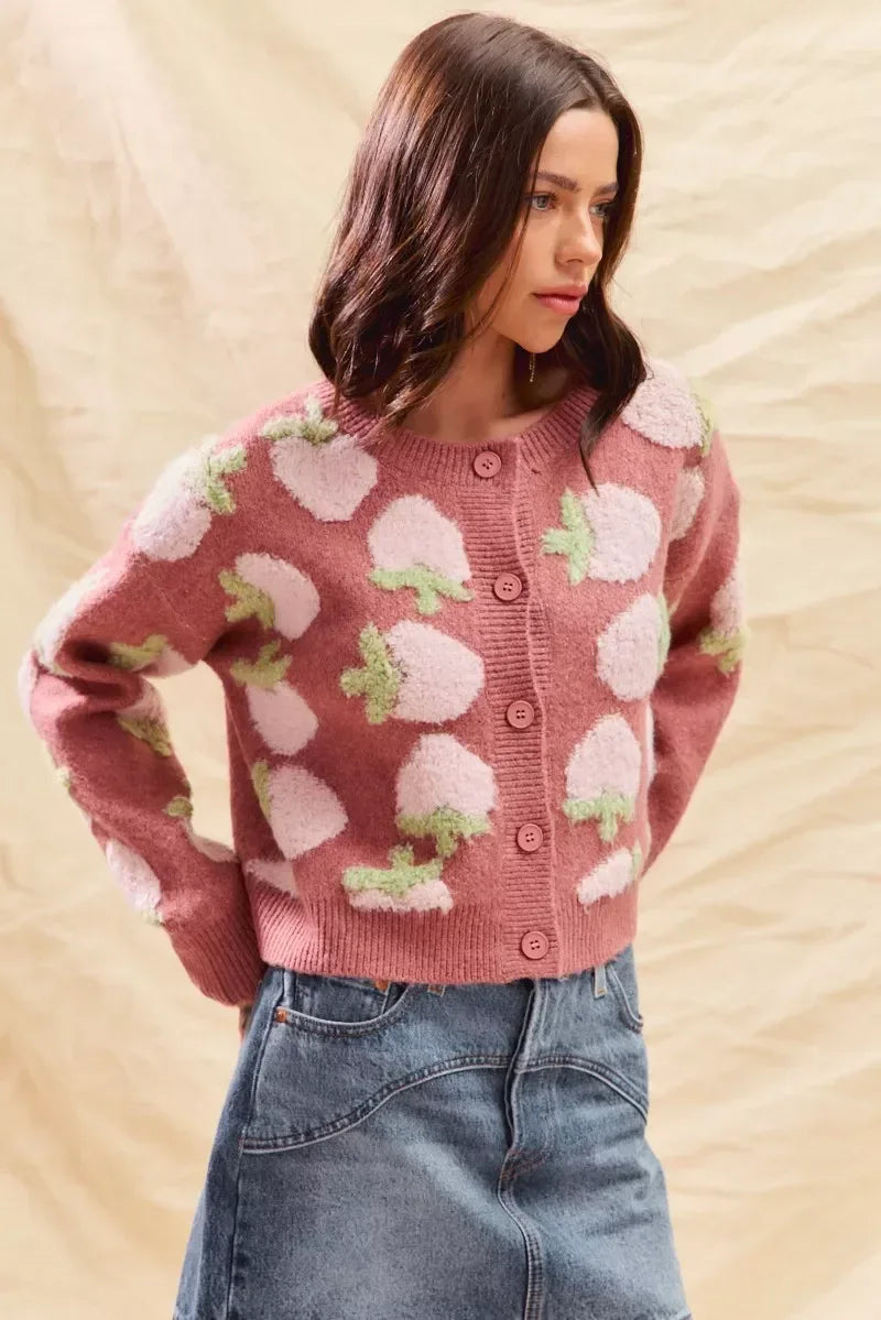 SO ME Strawberry Fruit All Over Button Sweater Cardigan - DAVERRI FASHIONS