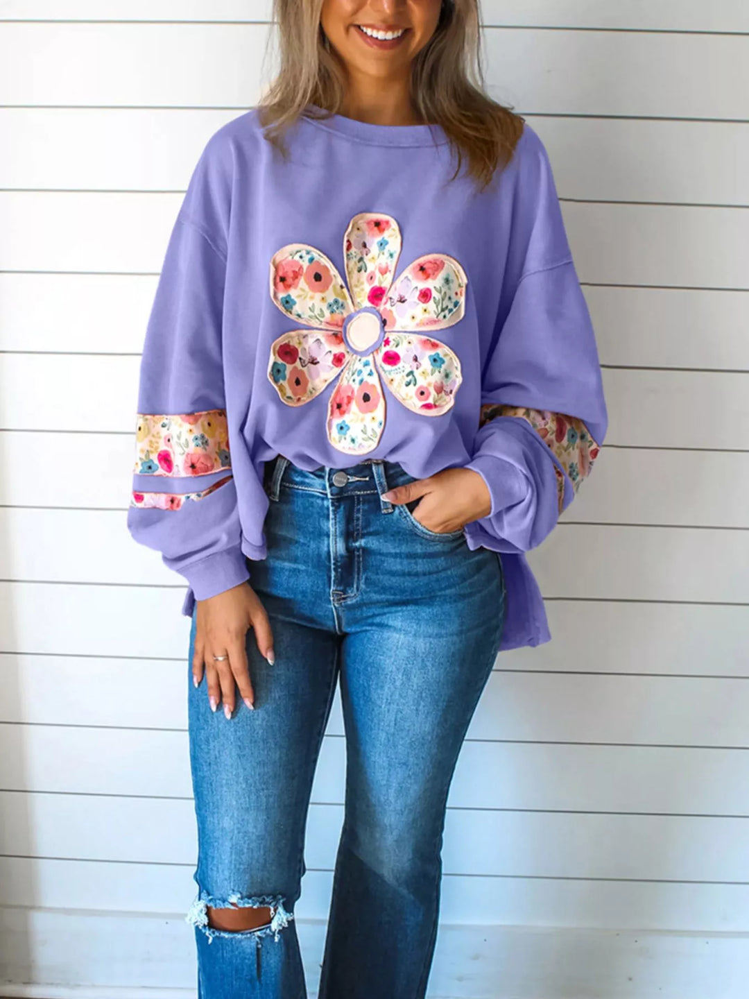 Oversized Floral Applique Drop Shoulder Sweatshirt | Sweatshirts Daverri Fashions