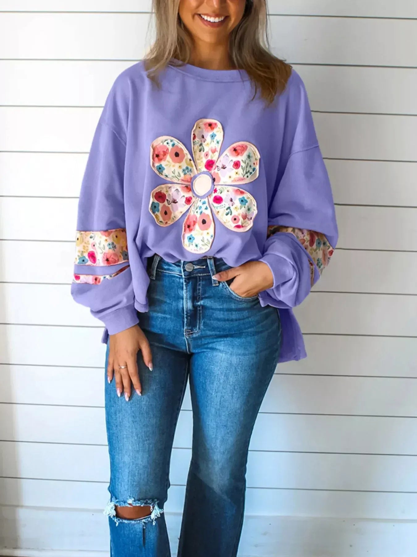 Oversized Floral Applique Drop Shoulder Sweatshirt - DAVERRI FASHIONS