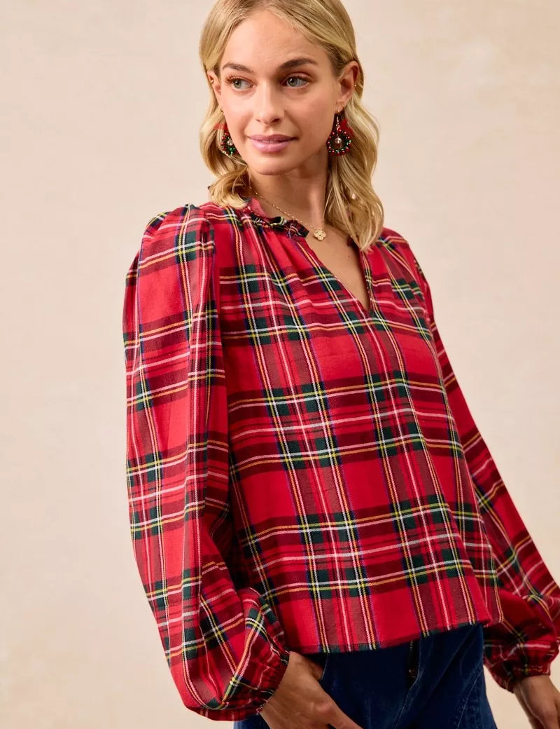 BiBi Christmas Plaid Balloon Sleeves Ruffled V-Neck Top | Daverri Fashions