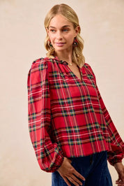 BiBi Christmas Plaid Balloon Sleeves Ruffled V-Neck Top | Daverri Fashions