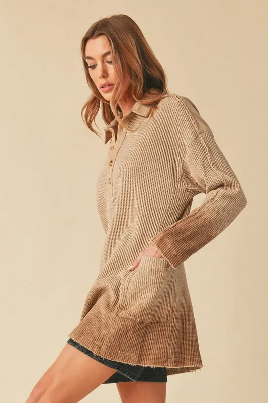 Aemi+Co Waffle-Knit Frayed Hem Button Detail Top