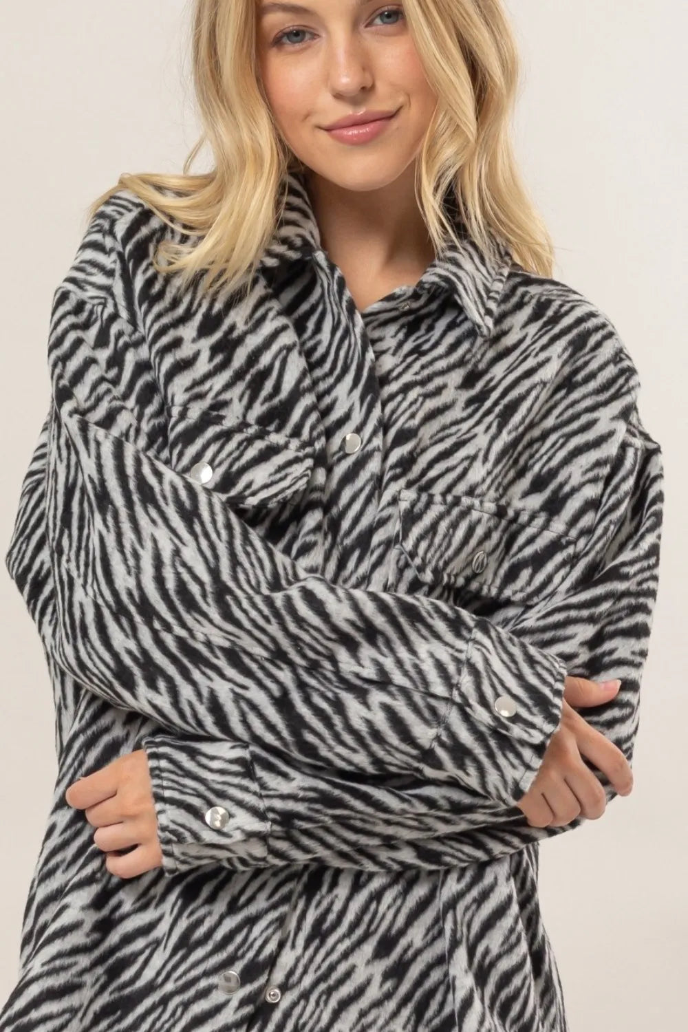 HYFVE Zebra Print Snap Down Long Sleeve Shacket | Shackets Daverri Fashions