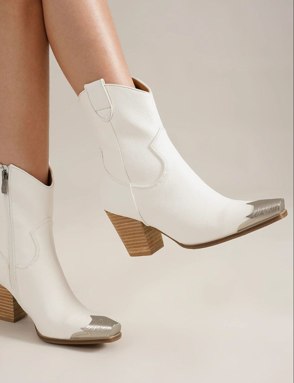 Beast Fashion Faux Leather Block Heel Boots with Side Zippers White Footwear