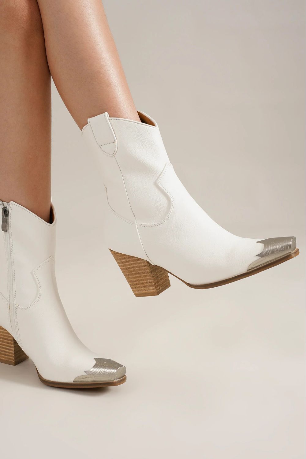 Beast Fashion Faux Leather Block Heel Boots with Side Zippers White Footwear