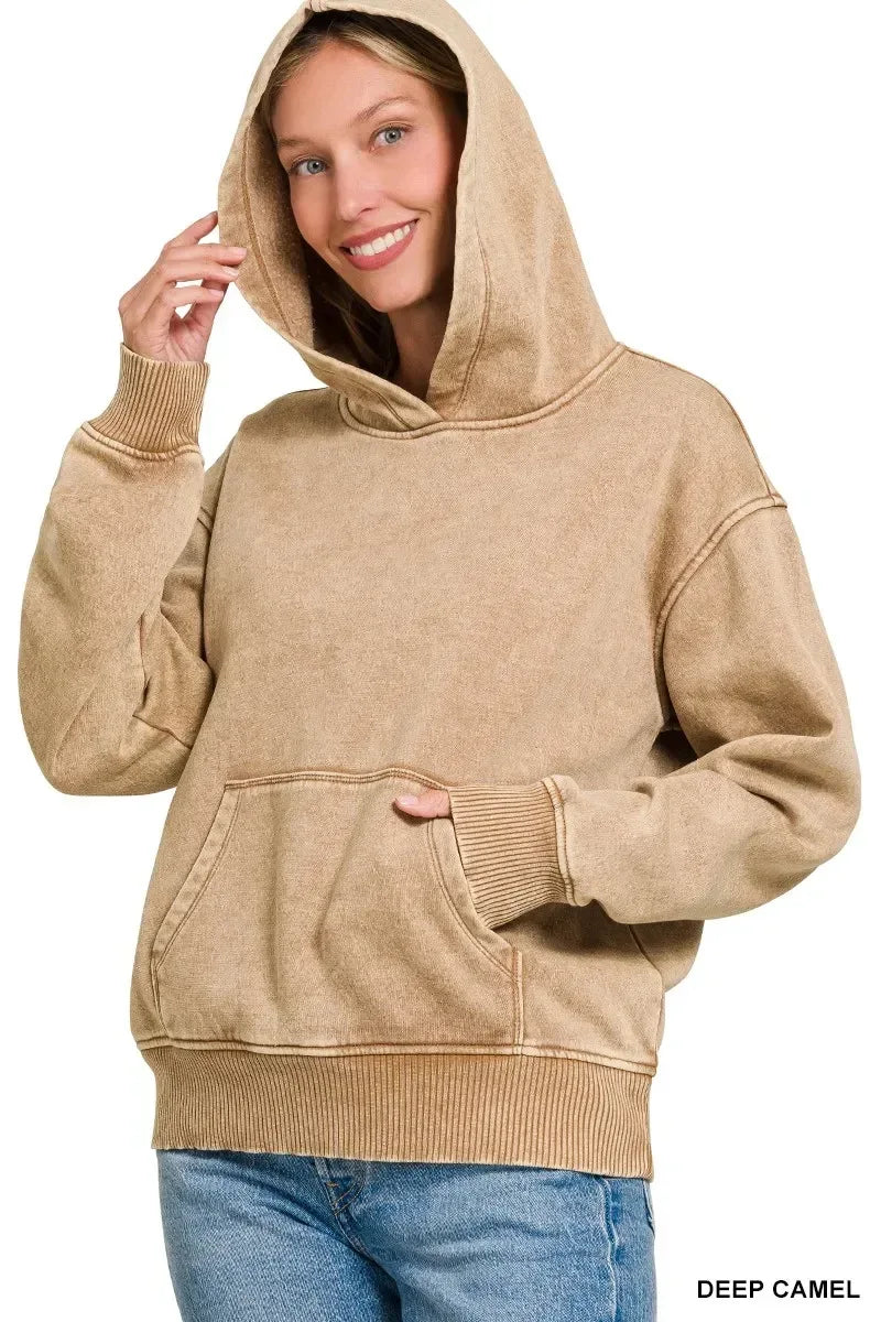 Zenana Fleece Acid Wash Kangaroo Pocket Hoodie Deep Camel - DAVERRI FASHIONS