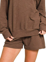 Zenana Slub Long Sleeve Top and Shorts Set | Loungewear Sets Daverri Fashions