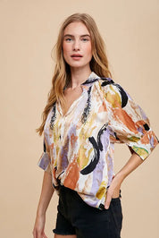 Annie Wear Multi Color Printed V-Neck Open Woven Blouse Top | Daverri Fashions