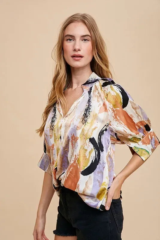 Annie Wear Multi Color Printed V-Neck Open Woven Blouse Top - DAVERRI FASHIONS
