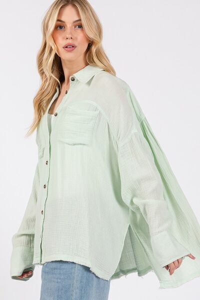 SAGE + FIG Frayed Hem Side Slit Button Down Shirt Tops