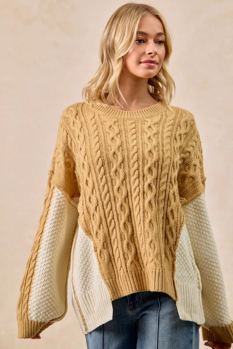 BiBi Cable Knit With Hacci Combo Sweater With Uneven Hem Detail | Sweaters Daverri Fashions