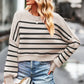 Striped Round Neck Drop Shoulder Slit Sweater - DAVERRI FASHIONS