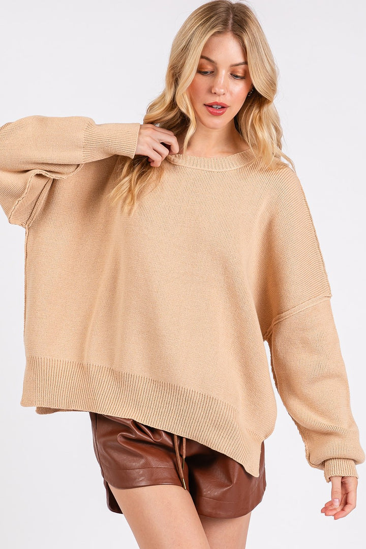 Tan Side Slit Round Neck Drop Shoulder Sweater Sweaters