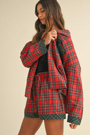 Annie Wear Contrast Plaid Long Sleeve Top and Shorts Set | Outfit Sets Daverri Fashions