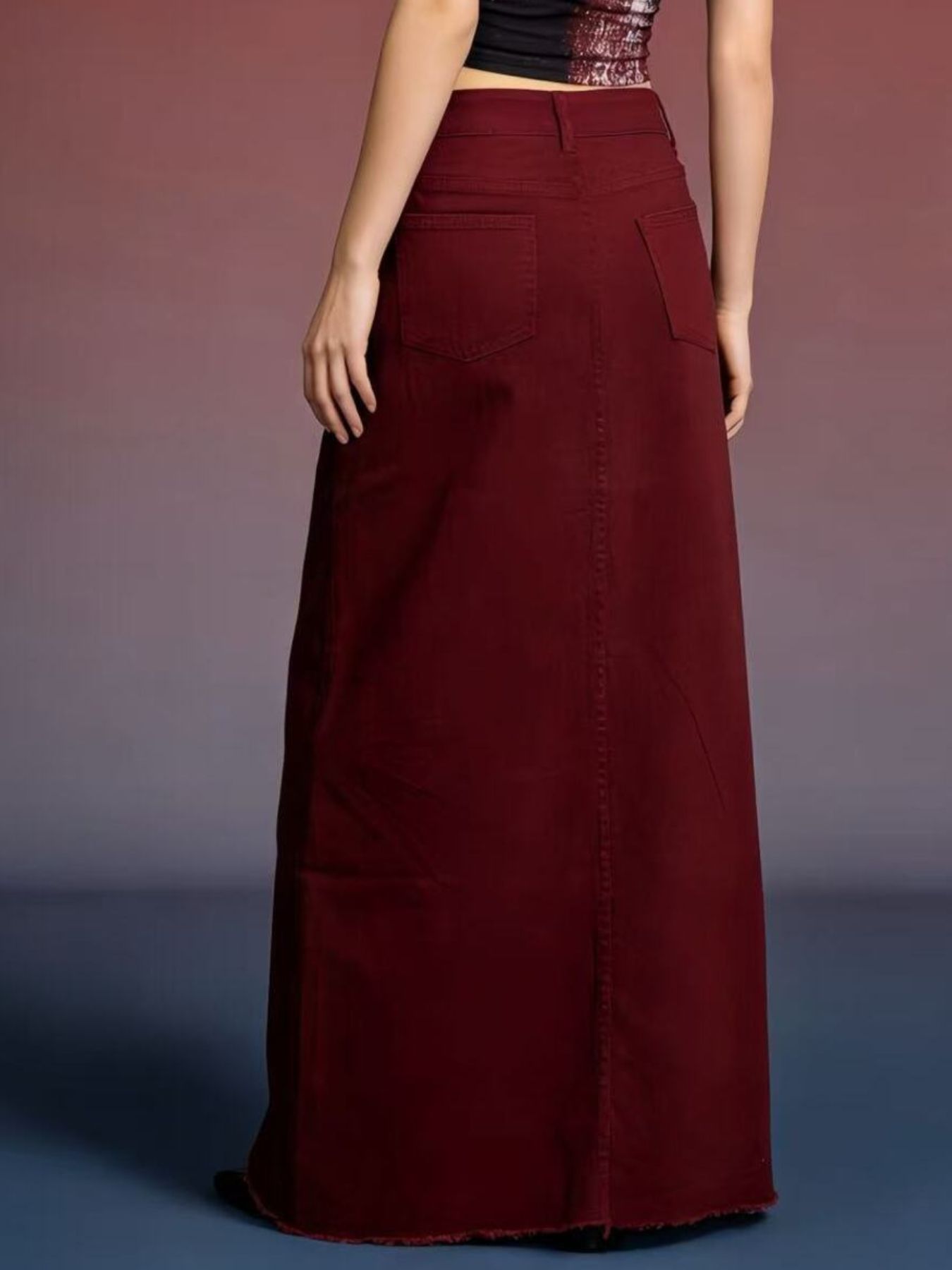 Raw hem maxi denim skirt in deep burgundy with frayed hem