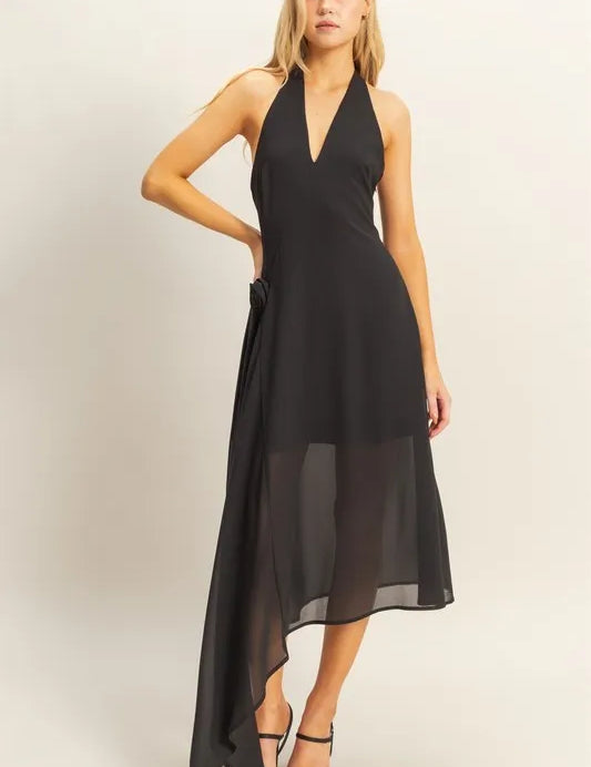 BLACK HYFVE Chiffon Halter Asymmetrical Hem Dress | Daverri Fashions