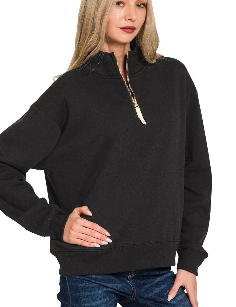 BLACK Zenana Fleece Half Zip Sweatshirt Black | Sweatshirts Daverri Fashions