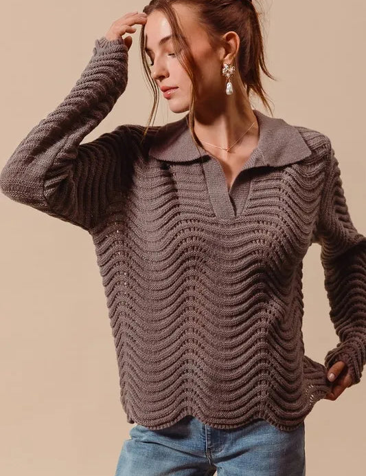SO ME Notched Collar Wavy Texture Sweater Top | Sweaters Daverri Fashions
